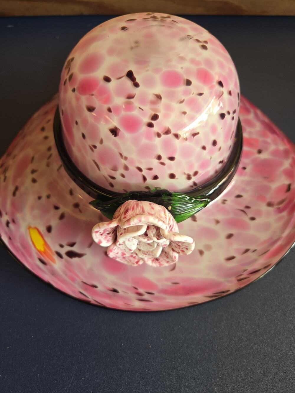Vtg Murano Style Pink Confetti Art Glass Hat Bowl Flower Centerpiece Hand Blown